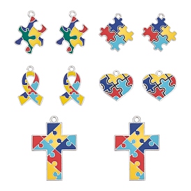 Pendentifs en alliage d'émail, puzzle autisme et ruban et coeur et croix, colorées