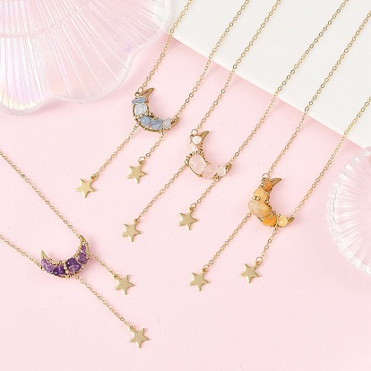 Natural Stone Chip Beads Moon Pendant Brass Cable Chain Necklaces for Women, Golden