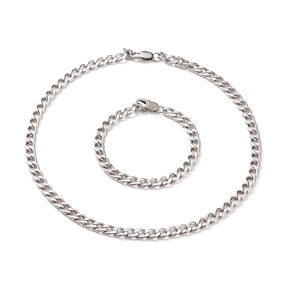 Men's 304 Stainless Steel Cuban Chains Bracelets and Necklaces Jewelry Sets, with Lobster Claw Clasps