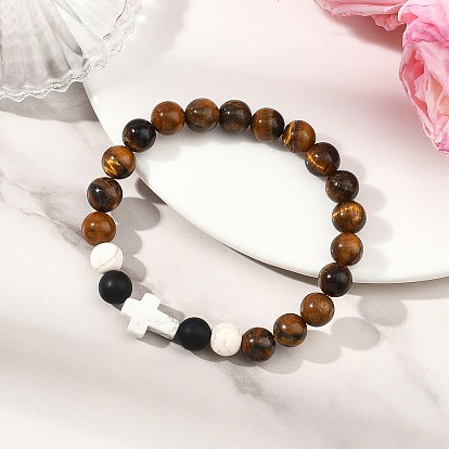 Натуральный черный агат, тигровый глаз высшего сорта и гаулит, эластичные браслеты для женщин и мужчин., крест и круглый