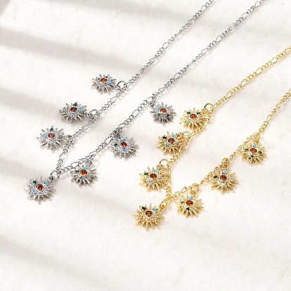 Подвеска в виде солнца из латуни с микропаве из кубического циркония., цепочки Фигаро для женщин, стойки покрытие, без кадмия и без свинца, долговечный