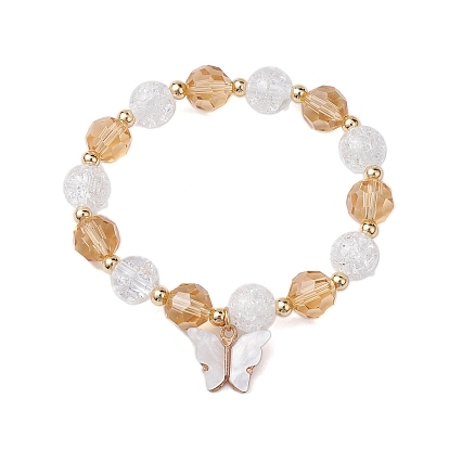 10mm Round Imitation Austrian Crystal & Crackle Acrylic Beaded Stretch Bracelets, Butterfly Alloy Acrylic Charm Bracelets for Women