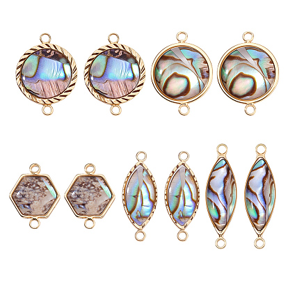 10 шт. 5 стили латунные подвески-соединители из натуральной ракушки, с эпоксидной смолой, плоские круглые шестигранные звенья с конским глазом, золотые