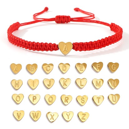 304 Браслеты из плетеных бусин из нержавеющей стали, регулируемые женские браслеты из нейлоновой нити, сердце с начальным, золотые