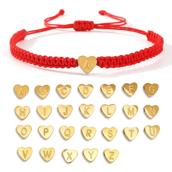 304 Браслеты из плетеных бусин из нержавеющей стали, регулируемые женские браслеты из нейлоновой нити, сердце с начальным, золотые
