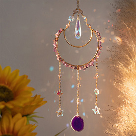 Moon Iron & Natural Amethyst Chip Pendant Decorations, Hanging Suncatchers, with Glass Teardrop and Agate Charm, for Home Car Decorations