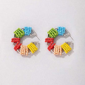Colorful Beaded Round Earrings with Candy-Colored Rice Beads