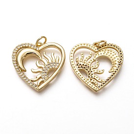 Brass Micro Pave Clear Cubic Zirconia Pendants, Long-Lasting Plated, with Jump Rings, Heart with Moon and Sun
