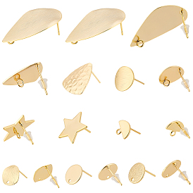 16Pcs 8 Style Brass Drawbench Stud Earring Findings, with Loop and Hole, Long-Lasting Plated, with 100Pcs Plastic Ear Nuts, Triangle & Teardrop & Flat Round