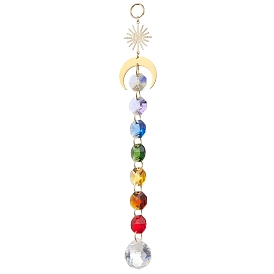 Glass Octagon Beads Hanging Suncatchers, Stainless Steel Moon & Round Charms for Home Garden Window Ornaments