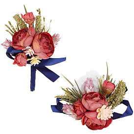 CRASPIRE 1Pc Silk Cloth Wrist Corsage, with 1Pc Silk Cloth Flower Boutonniere Brooch, for Wedding, Parties