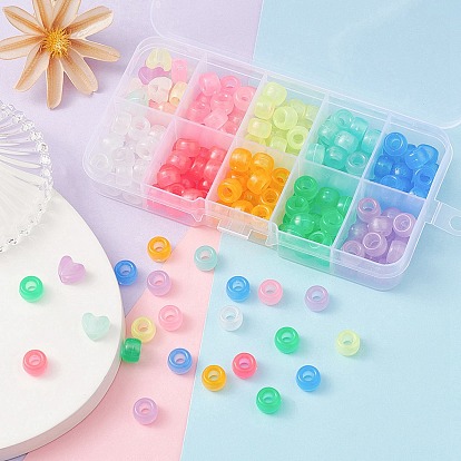 200Pcs 10 Colors Transparent & Luminous Plastic Beads, Frosted, Glow in the Dark, Barrel