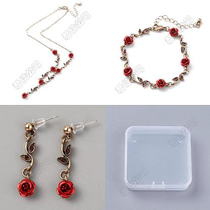 Siam Rhinestone Rose Flower Dangle Stud Earrings & Link Chain Bracelet & Lariat Necklace, Aluminium Jewelry Set for Women