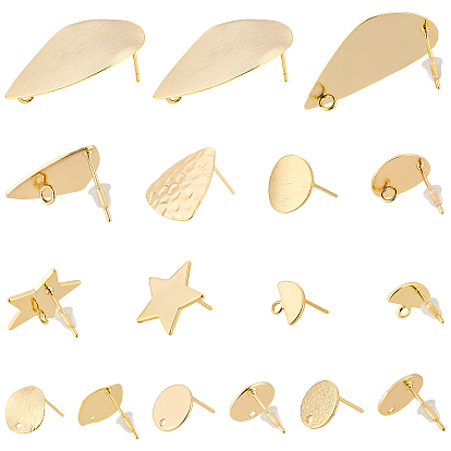 16Pcs 8 Style Brass Drawbench Stud Earring Findings, with Loop and Hole, Long-Lasting Plated, with 100Pcs Plastic Ear Nuts, Triangle & Teardrop & Flat Round