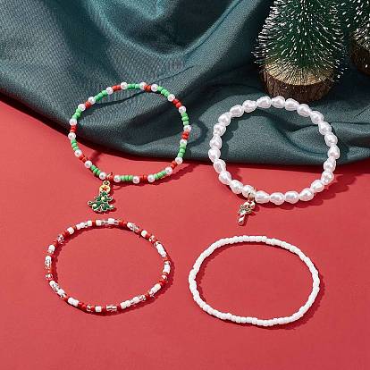 4Pcs 4 Style Glass Pearl & Seed Beaded Stretch Bracelets Set, Christmas Tree & Candy Cane Alloy Enamel Charms Stackable Bracelets for Women