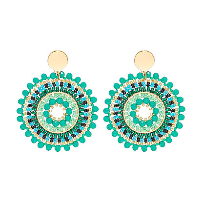 Плоские круглые серьги с подвесками из стеклянных семян для женщин, с шипами из нержавеющей стали, богемный стиль