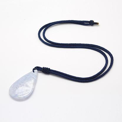 Natural Blue Lace Agate Pendant Necklaces, with Nylon Cord, Nuggets