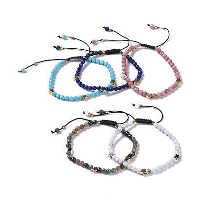 Gemstone Braided Beaded Bracelets, with Brass Beads and Nylon Thread