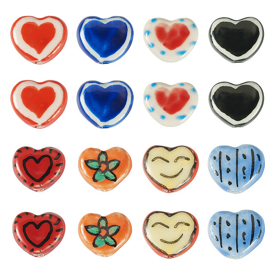 16Pcs 8 Colors Handmade Porcelain Beads, Heart, Famille Rose Porcelain