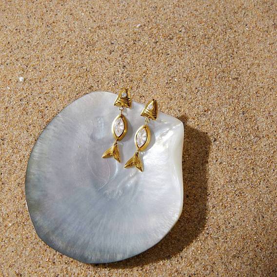304 Pendientes colgantes de acero inoxidable con circonitas cúbicas para mujer, pescado