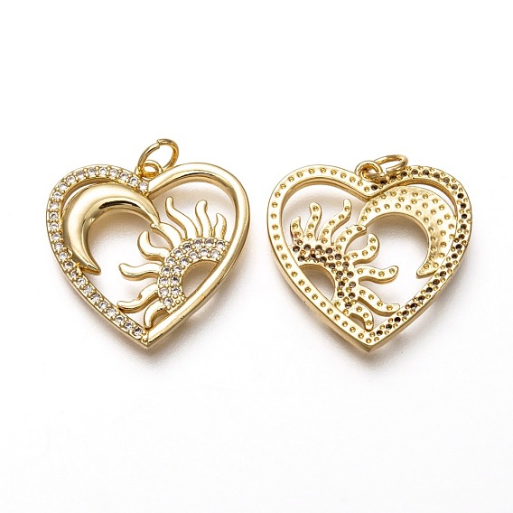 Латунные микропаве прозрачные подвески с фианитом, долговечный, с прыжковых колец, сердце с луной и солнцем