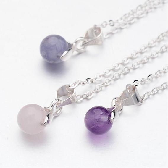 Natural Mixed Stone Pendants Necklaces, with Brass Chains, Round, Silver Color Plated