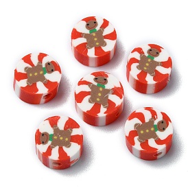 Christmas Theme Handmade Polymer Clay Beads, Flat Round with Gingerbread Man