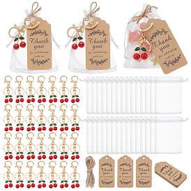 30шт. акриловые брелки-подвески в виде вишни, с застежкой-цепочкой из сплава, железными кольцами, мешочками из органзы, джутовым шнуром и бумажной карточкой