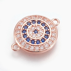 Brass Micro Pave Cubic Zirconia Links, Long-Lasting Plated, Flat Round, Lead Free & Nickel Free & Cadmium Free, Colorful