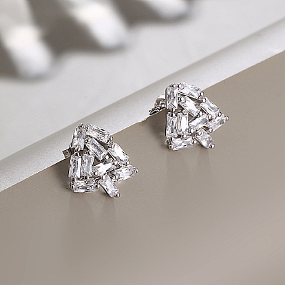 Brass Micro Pave Cubic Zirconia Stud Earrings, Tree