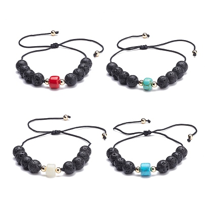 Round Natural Lava Rock Natural Mixed Stone Braided Bead Bracelet for Girl Women, Black
