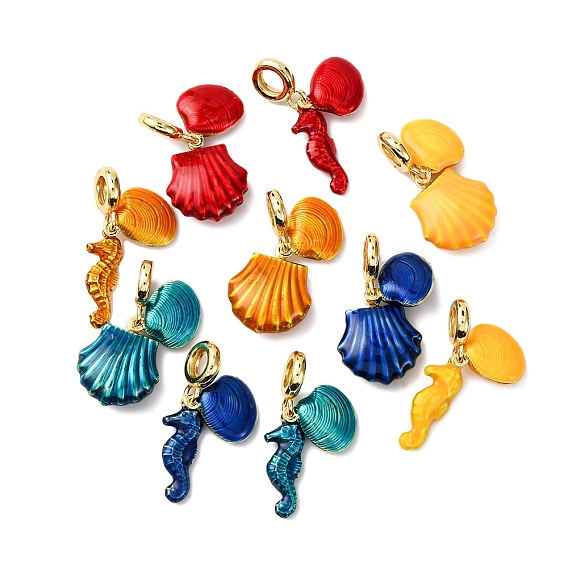 Латунные эмалированные европейские подвески с подвесками, подвески с большим отверстием в форме ракушки морского конька, долговечный, стойки покрытие, без кадмия и без свинца, реальный 18 k позолоченный