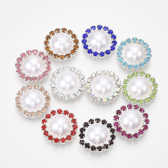 ABS Plastic Imitation Pearl Cabochons, with Glass Rhinestone and Silver Color Plated Brass Findings, Half Round/Dome
