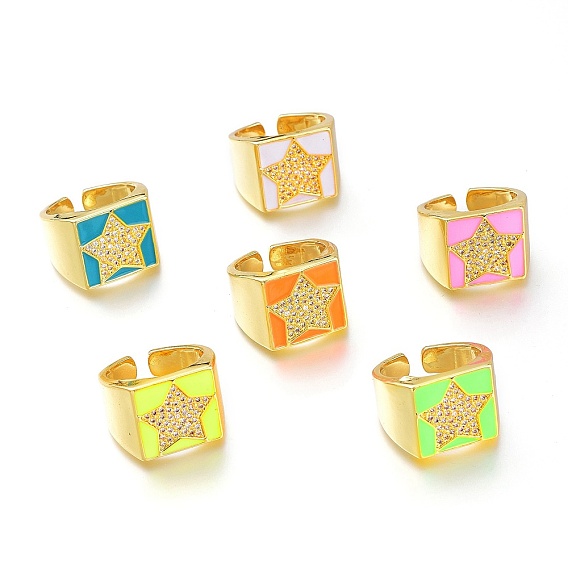 Латунные кольца из манжеты с прозрачным цирконием, открытые кольца, с эмалью, без свинца и без кадмия, квадрат со звездой, реальный 18 k позолоченный