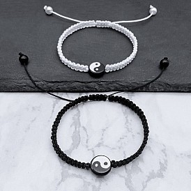 Bracelets de perles tressées en perles de résine yin-yang, bracelets réglables en cordon de polyester pour femmes