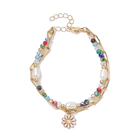 Electroplated Glass & Imitation Pearl Multi-strand Bracelets, Daisy Flower Alloy Enamel Charm Paperclip Chain Bracelets for Women
