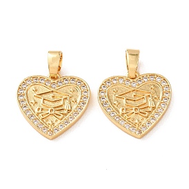 Brass Micro Pave Clear Cubic Zirconia Pendants, Heart & Graduation Cap Charms, Rack Plating, Long-Lasting Plated, Cadmium Free & Lead Free, E-Coating