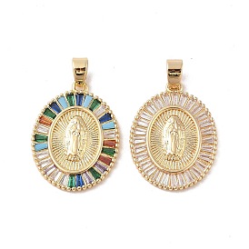 Brass Cubic Zirconia Pendants, Long-Lasting Plated, Oval with Holy Virgin Charms, Golden