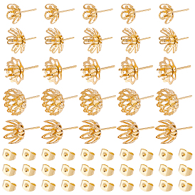 30Pcs 5 Style 304 Stainless Steel Ear Stud Findings, Earring Settings, with 30Pcs Ear Nuts, Flower