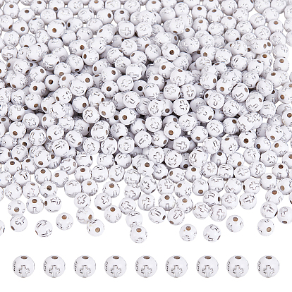 600 акриловые бусины с покрытием, серебристого металла, обвитыми, круглые с крестом