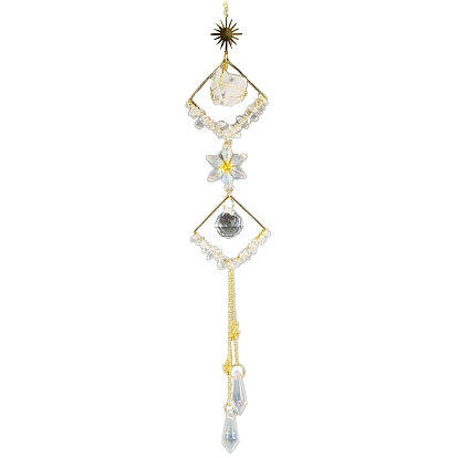 Обернутые проволокой крошки натуральных драгоценных камней и подвесные украшения из металлических ромбов, стеклянный конус с кисточкой для украшения оконного сада