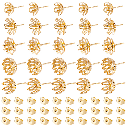30Pcs 5 Style 304 Stainless Steel Ear Stud Findings, Earring Settings, with 30Pcs Ear Nuts, Flower