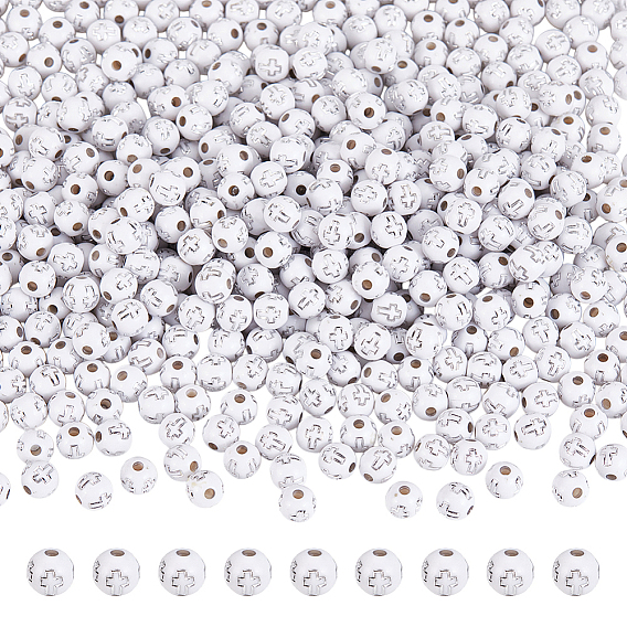 600 акриловые бусины с покрытием, серебристого металла, обвитыми, круглые с крестом