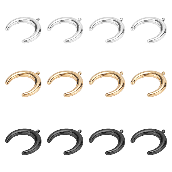 12Pcs 3 Colors 304 Stainless Steel Pendants, Double Horn/Crescent Moon