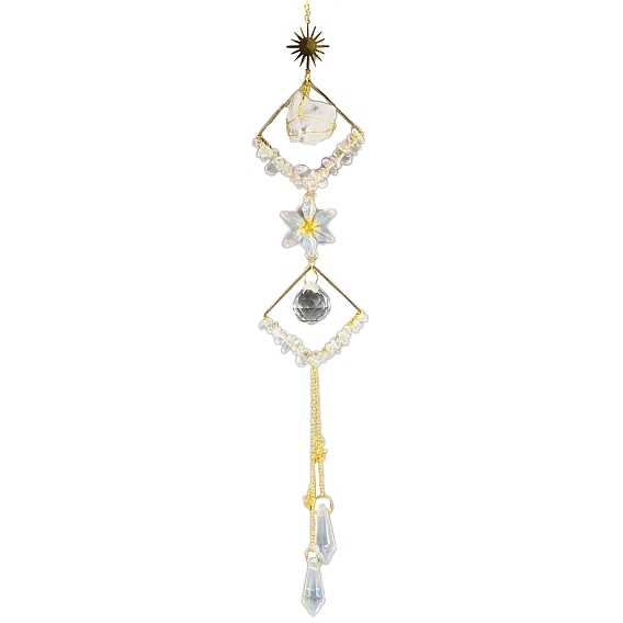 Обернутые проволокой крошки натуральных драгоценных камней и подвесные украшения из металлических ромбов, стеклянный конус с кисточкой для украшения оконного сада