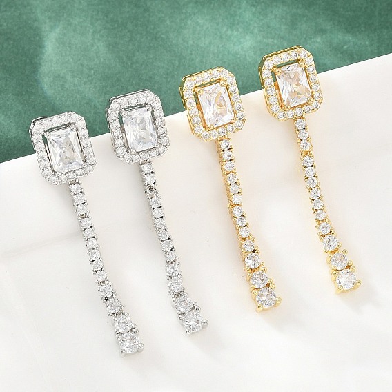 Brass Micro Pave Cubic Zirconia Stud Earrings, Rectangle, Lead Free & Cadmium Free, Rack Plating, Long-Lasting Plated
