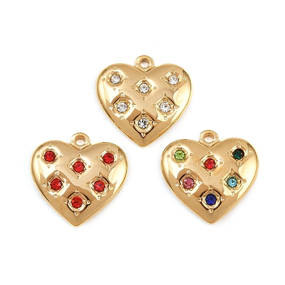 304 подвески из нержавеющей стали Rhinstone, сердце, реальный 18 k позолоченный, ионное покрытие (ip)