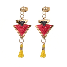 Triangle tressé en graines de verre avec boucles d'oreilles pendantes à pampilles en coton, or 304 bijoux en acier inoxydable pour femmes