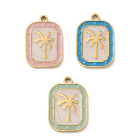 304 Stainless Steel Enamel Pendants, Golden, Rectangle with Coconut Tree Charm