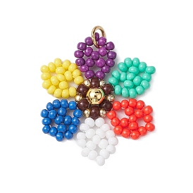 Handmade Glass Seed Beads, Loom Pattern, with 304 Stainless Steel Jump Rings, Flower Pendants